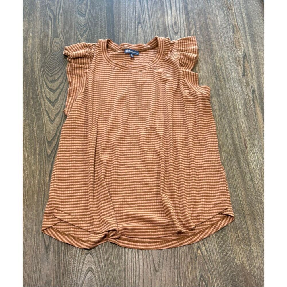 Democracy Womens Blouse Top Ruffle Sleeve Stretch Striped Brown Pink Size XL